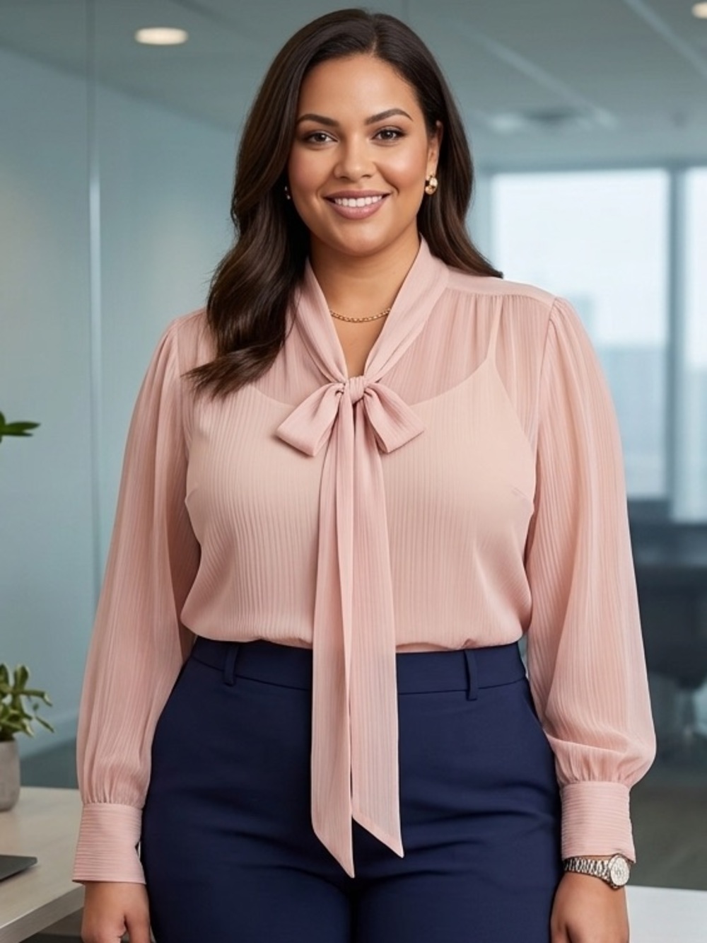 Old Navy Peach Pink Chiffon Sheer Tie Neck Office Blouse Women Pluse size 2X